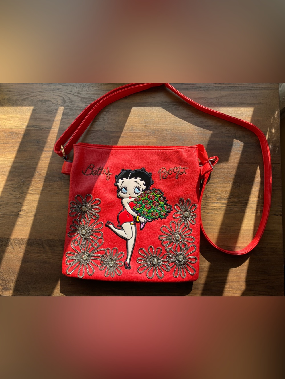 Vintage Betty Boop Red Floral Appliqué Crossbody Bag